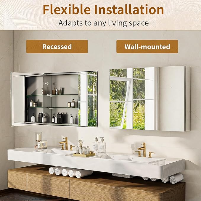 BEAUTYPEAK 36 x 26 Inch Medicine Cabinet with Mirror, Wall Mounted Bathroom Mirror Cabinet, Medicine Cabinet Mirror with Storage & Adjustable Shelves
