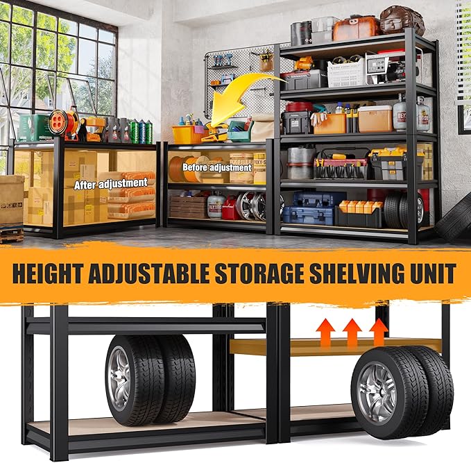 45.6" W Garage Shelving Heavy Duty 5-Tier Storage Shelves, Home Storage Shelf, Adjustable Metal Shelving Unit, for Pantry, Kitchen, Basement, Warehouse, 45.6" Wx17.7 Dx71.2 H, Black