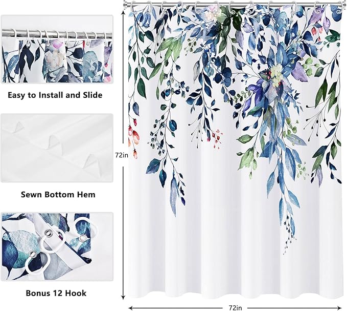 Shower Curtain Blue Green Eucalyptus Shower Curtains for Bathroom, Watercolor Leaf Shower Curtain Sets Waterproof Plant Shower Curtain Leaves Fabric Cloth Bathroom Curtains 72x72 inch with Hooks
