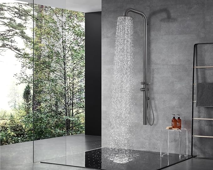 HEATGENE Outdoor Shower with Body Jets and Handheld, Wall-Mounted Shower Head for Outside/Poolside/Patio Drench Shower - Grey