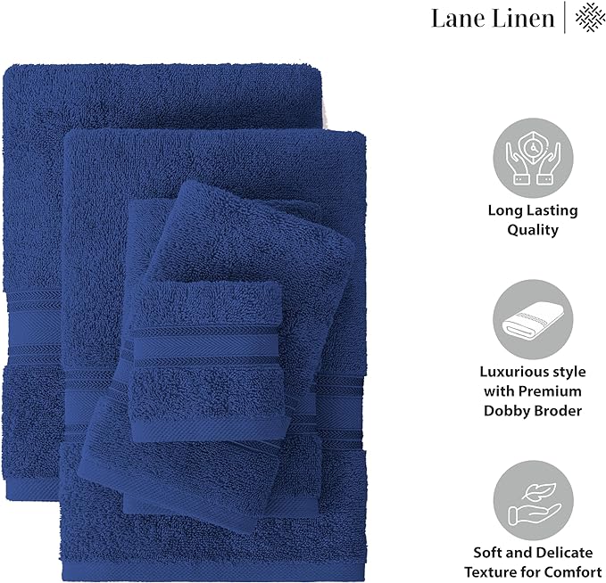 LANE LINEN 100% Mercerized Cotton Towels Set 12 – Zero Twist, 4 Bath Towels, 4 Hand Towel & 4 Washcloths, Stays Plush After Washes, Ideal for Spa, Hotel & Family Bathrooms, Highly Absorbent – Navy