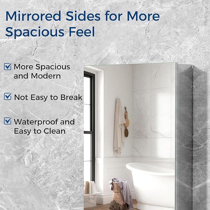 Bathroom Medicine Cabinet with Mirror, 20x26 Recessed or Wall Mirror Medicine Cabinet with Storage Adjustable Glass Shelves, Beveled Edge Mirrored Door with Aluminum Cabinet Hinges