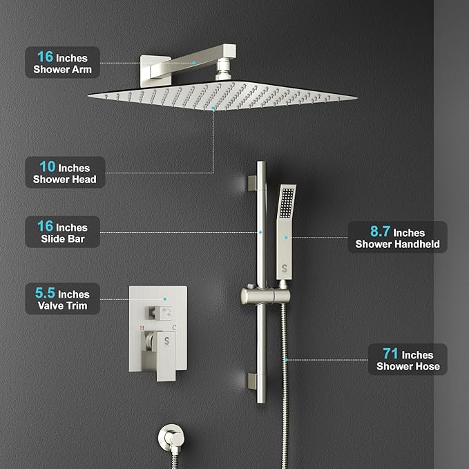 SR SUN RISE Shower System with 10" Rain Showerhead, Square Handheld Showerwith 16-Inch Slide Bar and 71-Inch Hose, Wall Mounted Shower Faucet Set Included Valve and Trim Kit, Brushed Nickel