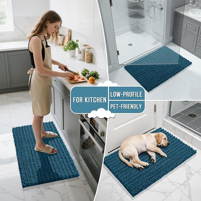 Yimobra Bathroom Rugs Non Slip Washable 32x20 Inch - Ultra Soft Absorbent Chenille Bath Mat, Quick Dry Shaggy Floor Carpet for Tub Shower, Peacock Blue Home Decor Accessories