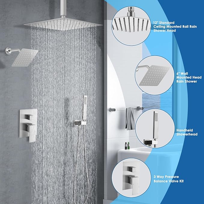 Shower System Dual Shower Heads with 12" Ceiling Mounted Rain Shower Head & 6" Wall Mounted Head Full Body Luxury Rain Shower System 3 Way Pressure Balance Valve Kit, Polished Chrome