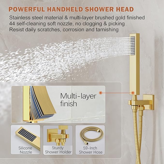 Shower System, Gold Shower Faucet Set with 12-Inch Rain Showerhead and Handheld Spray, Wall Mounted High-Pressure Showerhead Combo Set Included Valve and Trim, Brushed Gold
