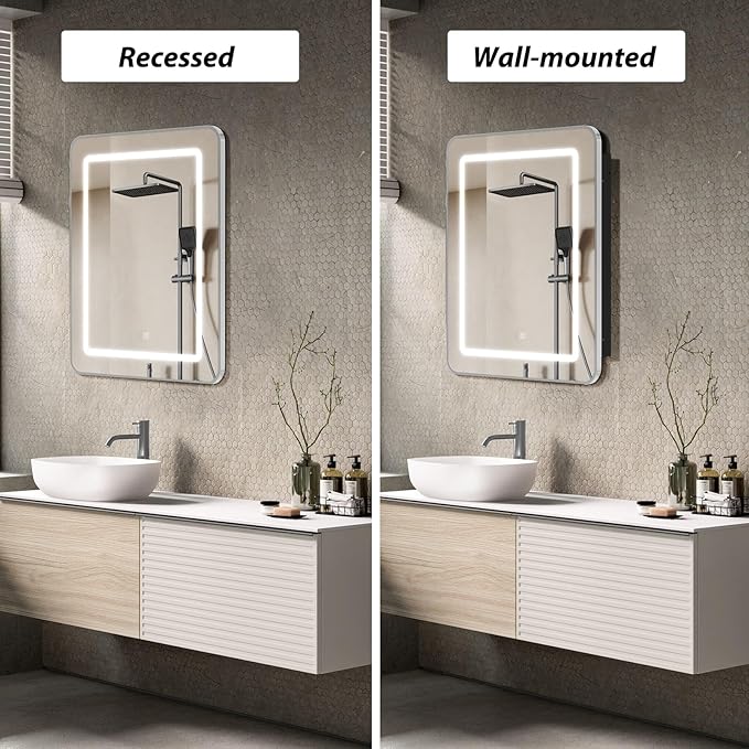 APRILSOUL 20X30 Inch Silver Bathroom Medicine Cabinet with Mirror, Recessed or Surface Lighted Medicine Cabinet with 3 Colors Temperature, Dimmable Light