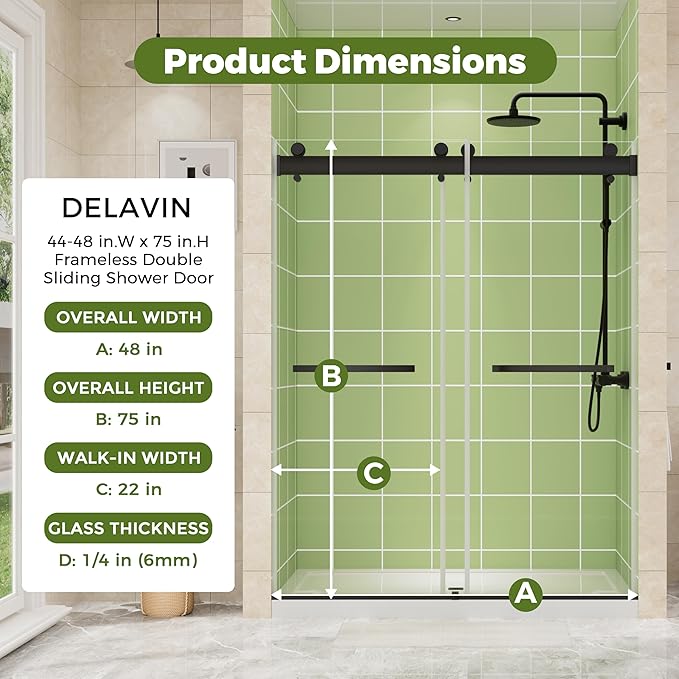 DELAVIN 44-48" W x 75" H Double Sliding Shower Door, Black Shower Door, 1/4" (6mm) SGCC Tempered Glass, Noiseless Shatterproof Shower Doors with Square Rail, Stainless Steel, Aluminum
