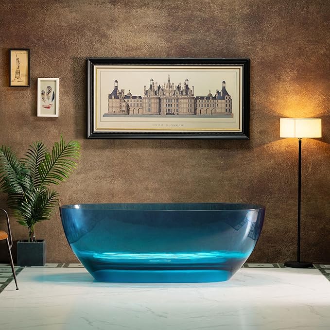 WOODBRIDGE 63" L x 28-3/8" W Transparent Blue Stone Resin Freestanding Soaking Tub with Double Ended Design