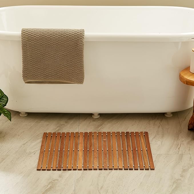 OLDTREE 15.78" W x 23.62" L Foldable Teak Shower Mat, Non Slip, Luxury Wood Bathroom Mat for Spa Home,Indoor or Outdoor
