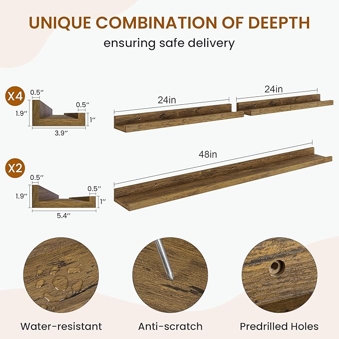 Axeman Picture Ledge Shelf, Floating Shelves for Wall Storage Set of 6, 48 inch Floating Wall Mounted Shelves, Shelves with Lip for Living Room, Bedroom, Nursery, Bathroom, Kitchen, Rustic Brown