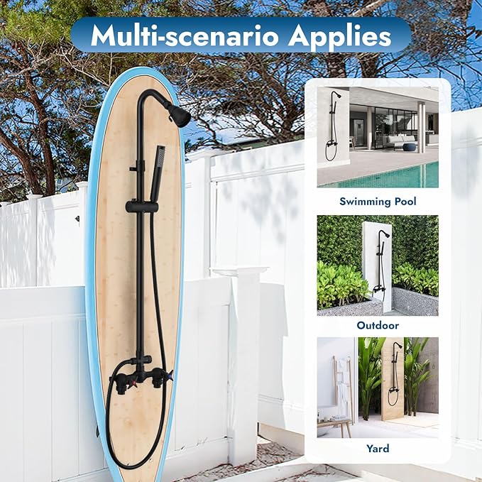 Matte Black Wall Mount Outdoor Shower Kit with Hand Held Spray Two Cross Handles with Adjustable Slide Bar Two Function Exposed Shower Faucet System