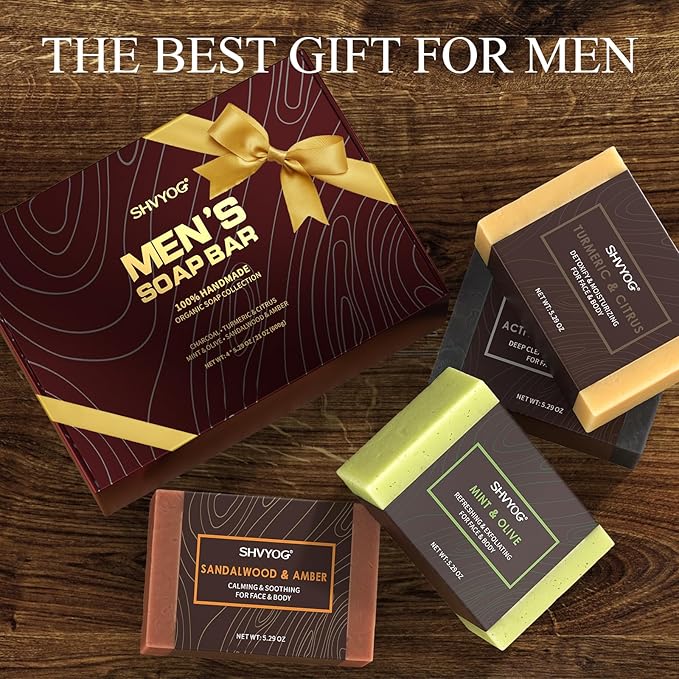 SHVYOG Mens Soap, 4 Pack Mens Bar Soap, Gift for Men Natural Cold Pressed Handmade Exfoliating Soap, Deep Cleansing, Moisturizing Bar Soap, Sandalwood Amber, Mint, Charcoal, Turmeric - 150G*4