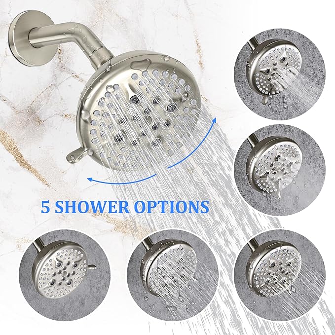 KINSE Shower Faucet Set, 5 Spray Rain Shower Fixtures, 5inchShower Head and HandleSet, Brushed Nickel shower kit with valve and shower head