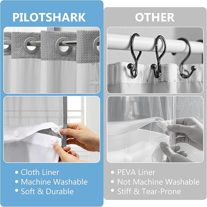 No Hook Waffle Weave Shower Curtain Set with Snap-in Fabric Liner and Mesh Top Window,256GSM Heavy Duty Fabric,Dark Grey Washable Luxury Shower Curtain for Bathroom Stalls (72x75 Inch)