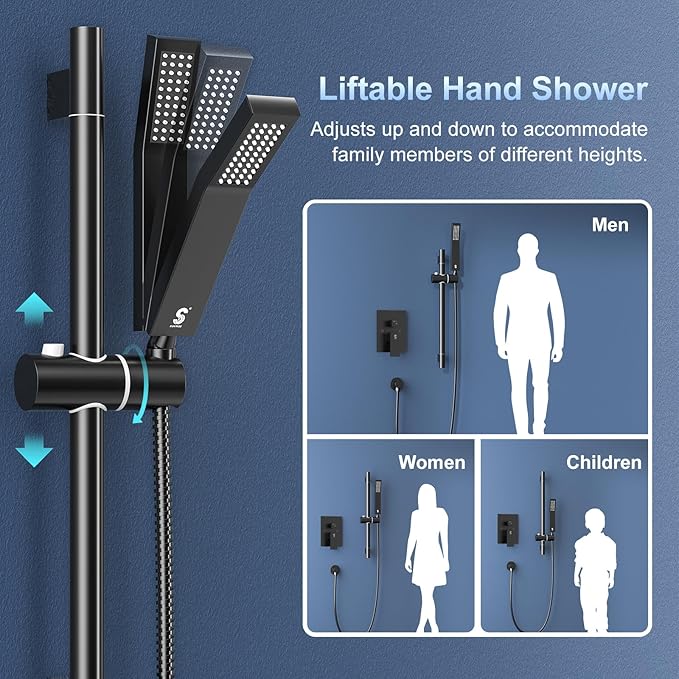SR SUN RISE 12 Inch Slide Bar Shower Faucet Luxury High Pressure Shower Heads and Handheld Spray Combo Set Wall Mounted Shower System Included Valve and Trim Kit, Matte Black
