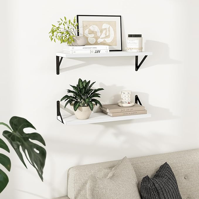Dreamland Wall Shelves Long, 24W x 8D Wall Mounted Shelves Set of 2, Wide Display Ledge Shelf with Sturdy Metal Brackets for Living Room, Bathroom, Bedroom and Kitchen, White