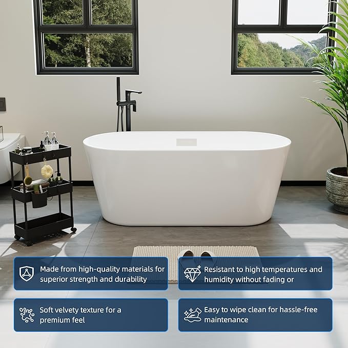 59'' Freestanding Bathtub, Deep Soaking Tub for Adults, Stand Alone Tub with Integrated Overflow Drain, cUPC Certified Modern Bathroom Tub, Acrylic, White