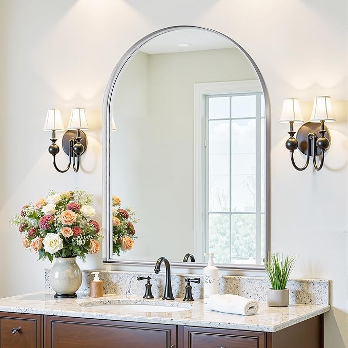 Arched Mirror 22"x30", Bathroom Mirror, Wall Mounted Vanity Mirror with Arch Metal Frame for Bathroom, Over Sink, Bedroom, Living Room, Deep Frame, Silver
