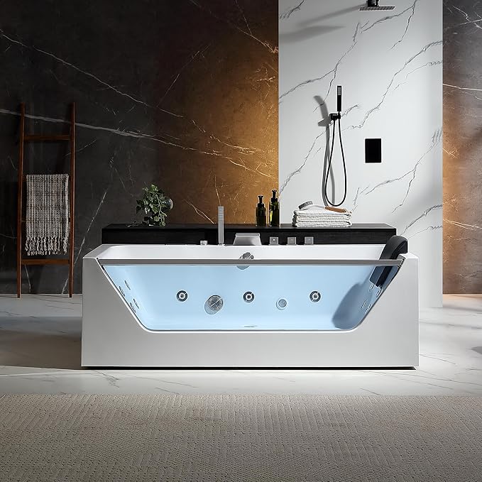 Empava Acrylic Whirlpool Bathtub, 71-Inch Jetted Bathtub with Heater, 10 Jets Hydromassage with Chromatherapy, 3-Side Apron with LED Control Panel, Waterfall & ETL Certified, Blcak Pillow