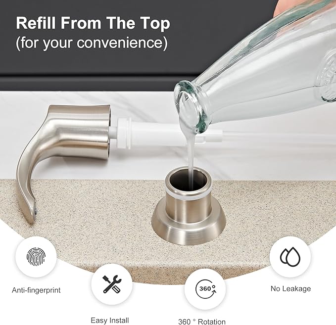 GAGALIFE Kitchen Sink Soap Dispenser with Large Bottle (Brushed Nickel), Built in Sink Soap Dispenser Refill from Top G080BN