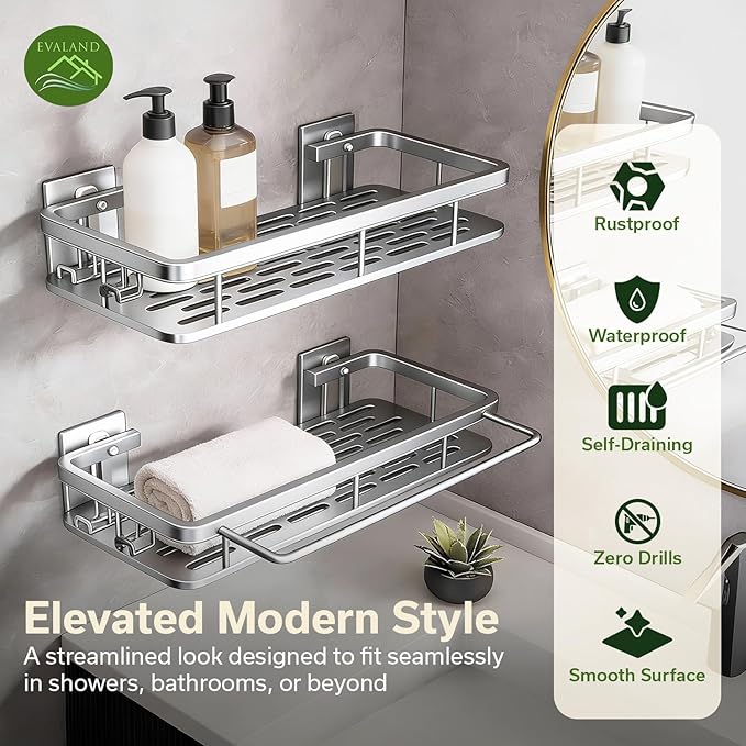 Shower Caddy Adhesive 2Pack with Hooks and Rod for Towels Silver-Premium Bathroom Shower Shelves Shampoo Organizer Rack Storage Bathtub Shelf Rustproof Easy Installation Sturdy Build Sleek Modern Look