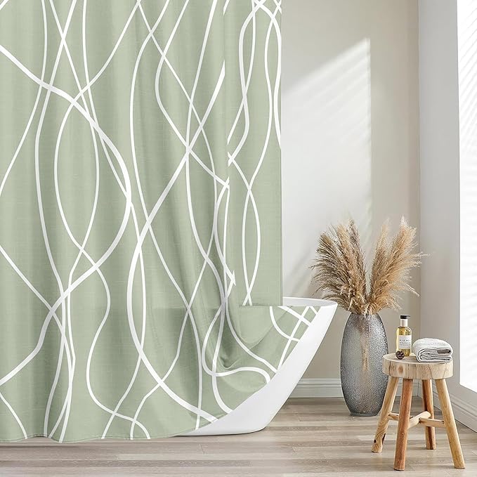 Tititex Morden 140gms Faux Linen Fabric Bath Shower Curtain Set Textured Fabric with Sage White Curve Pattern 72x72 Inch Water Resistant Bathroom Curtains, Weighted Hem & Hooks for Home/Hotel