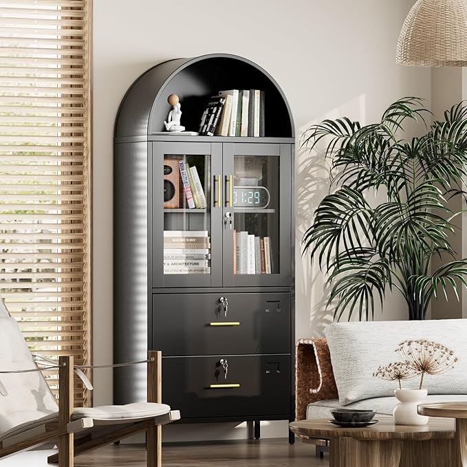 73''H Metal Arch File Cabinet, Black Arched Bookcase with Locking Glass Doors and Drawers,Filing Cabinet for Home Office,Assemble Required,Black