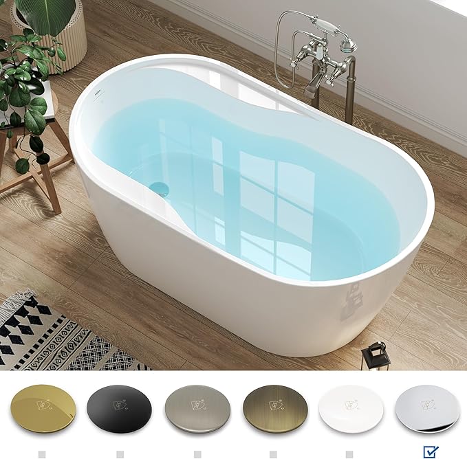 FerdY Lana'i 60" Freestanding Bathtub, Gracefully Shaped Freestanding Soaking tub, Glossy White, cUPC Certified, Polised Chrome Drain Assembly Included