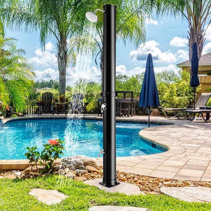 Giantex 7.2 FT 10 Gallon 2-Section Solar-Heated Outdoor Shower, Pool Shower W/Free-Rotating Shower Head, Foot Tap Spigot, Faucet, Temperature and Pressure Adjustment for Backyard, Garden, Beach Spa