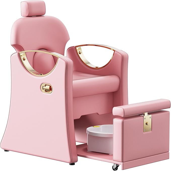 Pedicure Station for Nail Tech, Reclining Pedicure Chair with Massage Foot Bath, No Plumbing Pedicure Station Unit (Pink)