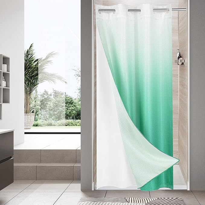 MitoVilla Teal Ombre Waffle Small Stall Shower Curtain Liner Set 36 x 74, No Hooks Required Turquoise Half Size Narrow Fabric Cloth Shower Curtain Set with Snap-in Liner for Modern Bathroom Decor