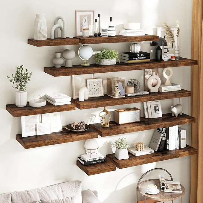 55 Inch Long Floating Shelves for Wall 2 Pack, 12"D Wood Grain Bathroom Shelves with Invisible Brackets, Easy Install Engineered Wood Storage Shelves for Kitchen, Living Room, Bedroom, Rustic Brown