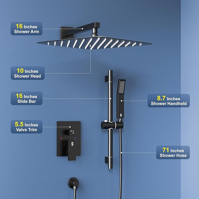 SR SUN RISE 10 Inch Slide Bar Shower Faucet Luxury High Pressure Shower Heads and Handheld Spray Combo Set Wall Mounted Shower System Included Valve and Trim Kit, Matte Black