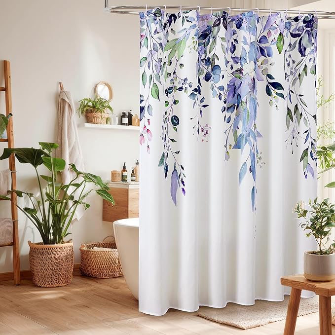 Colorful Star Green Eucalyptus Waterproof Shower Curtain Set with Hooks, Minimalist Watercolor Floral Print Bathroom Décor, Plant Leaves Washable Fabric Shower Curtain, 72 x 84 Inch