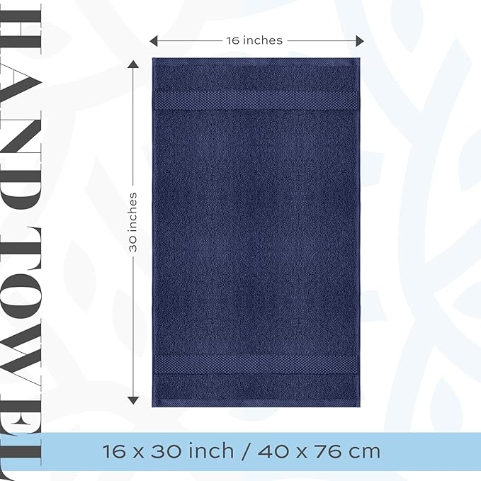 White Classic Luxury Navy Blue Hand Towels - Soft 100% Turkish Cotton | Highly Absorbent Hotel spa Bathroom Towel Collection | 16x30 Inch | Set of 6