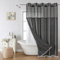 No Hook Long Shower Curtain Set with Snap-in Fabric Liner,Linen Textured Thick Striped Fabric with Tassels,Boho Farmhouse Rustic Luxury Bathroom Curtain,Water-Repellent,Charcoal Grey,71x80