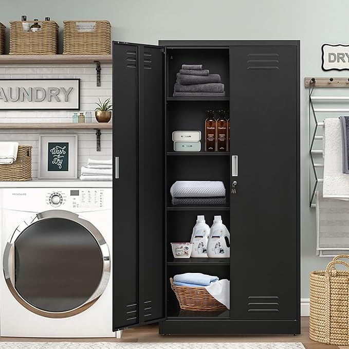 Metal Storage Cabinet with Locking Doors and Shelves, 71" Large Garage Locker with 4 Adjustable Shelves, Steel File Cabinet for Office, Garage, Home & Pantry (Black)