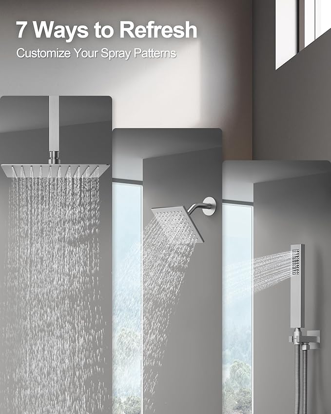 Thermostatic Shower System, Dual Rainfall Shower Heads for Ceilling & Wall Mounted with Handheld Sprayer, Brushed Nickel