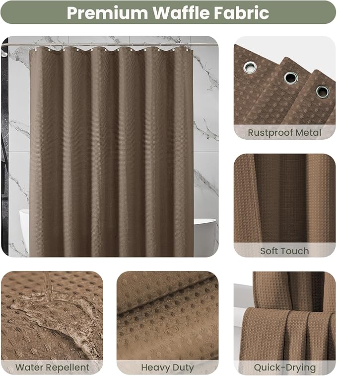 Inhousolu Fabric Shower Curtain Waffle Weave, 230 GSM Heavy Duty, Weighted Hem, 14 Metal Hooks, Water Repellent, Machine Washable, Hotel Spa Luxury Bath Curtain Set, 72 x 72 Inch, Brown