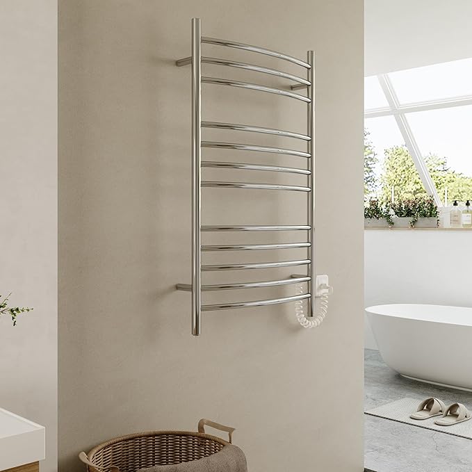 HEATGENE Electric Towel Warmer with Built-in Timer & Temperature Control, Wall-Mounted 12-Bar Large Towel Rack, Plug-in/Hardwired Heated Towel Rail for Bathroom - Mirror Polish