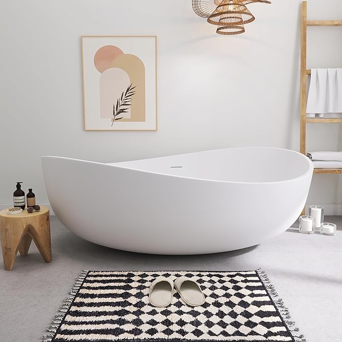 SJ STAR&JANE 71" Solid Surface Freestanding Bathtub, Oval Soaking Stone Resin Tub Couple Tub with Overflow and Pop-up Drain for Modern Bathrooms
