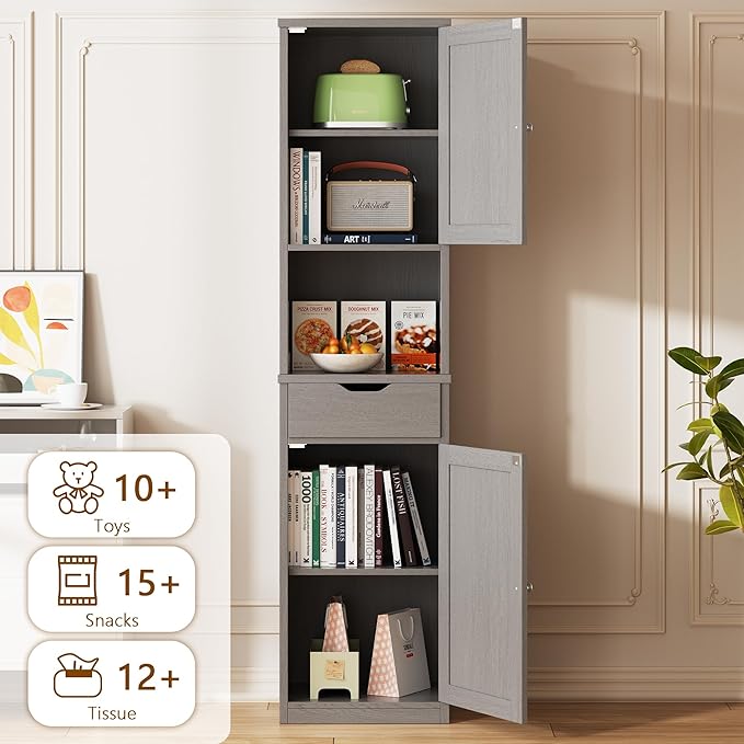 Walsunny Tall Bathroom Storage Cabinet with Freestanding Adjustable Shelves, Narrow Storage Linen Cabinet with 2 Doors and 1 Drawers for Bathroom, Living Room, Kitchen(Gray)