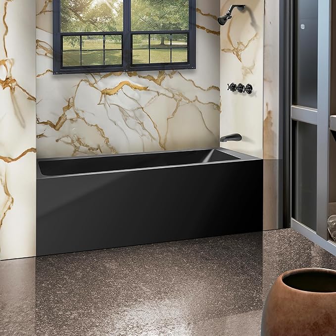 Fine Fixtures Acrylic, Fiberglass Alcove Soaking Bathtub with Integral Apron Front - Drain Included (54" x 30", Right Hand, Black)