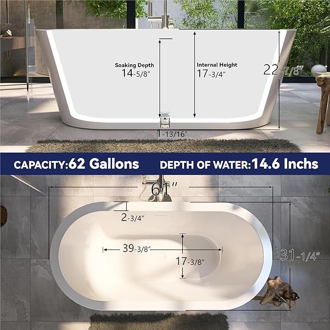 61" Acrylic Free Standing Tub, Stand Alone Tub, Freestanding Bathtub, Soaking Bathtub, cUPC Certified, LT(Glossy White)
