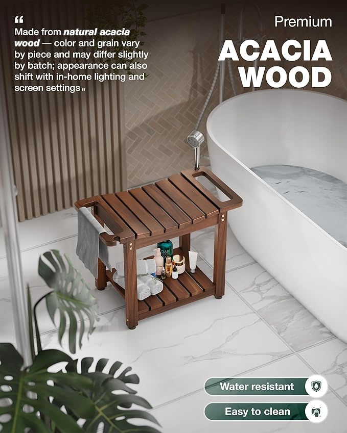 BLUEWEST Shower Bench Seat with Storage Shelf, Natural Wood Shower Benches for Inside Shower to Sit on, Waterproof Bathroom Spa Bench Stool for Legs Shaving with Built-in Handle & Shower Head Holder