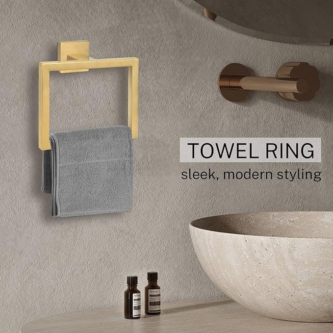 2-Piece Brushed Gold Towel Ring,Square Hand Towel Holder,Stainless Steel Modern Towel Holder Wall-Mounted Bathroom Towel Ring Towel Rack