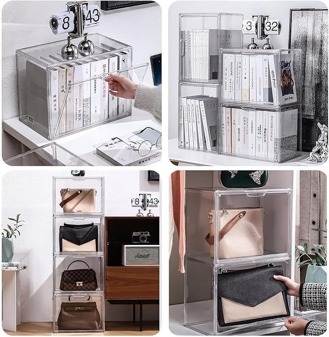 Clear Stackable Plastic Storage Bins with Magnetic Lid, Dustproof Book & Cosmetic Display Cases, Large Figures Collectibles Showcase, Shoe Box, Protection Organizer (L, Count, 5)