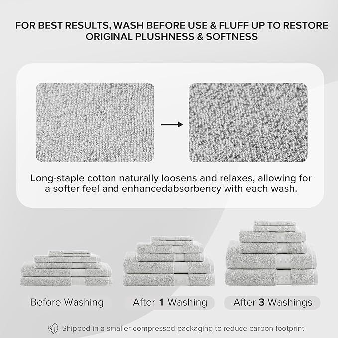 Comfort Spaces Turkish Bathroom Towel Set 6 Piece Luxury Bath Towel Set 2 Hand Towel for Bathroom 2 Washcloth 2 Large Bath Towel Sets Long Staple Soft Quick Dry Towel Set Light Grey