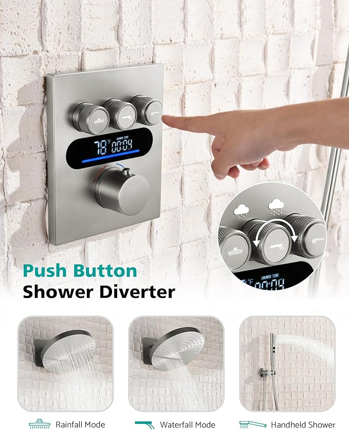 Lefton Shower System in Fahrenheit Display (Battery-free), 13” Overhead Round Rainfall Shower Head with All-in-one Handheld Spray Showerhead, 4-in-1 Control System, SSWM2501 (Brushed Nickel)